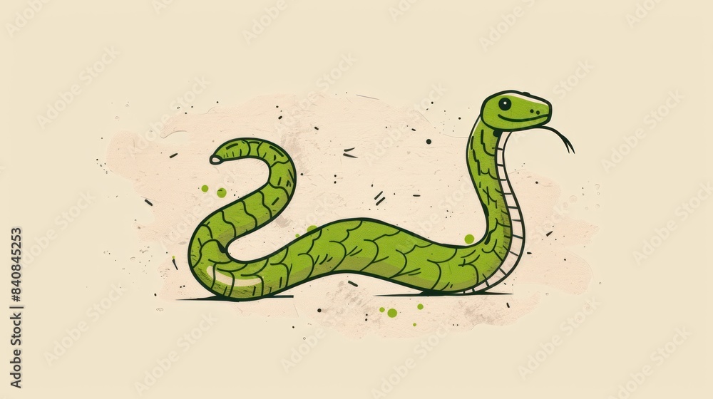 Naklejka premium Cartoon Green Snake With Large Eyes Peeking Out From Behind a Wall