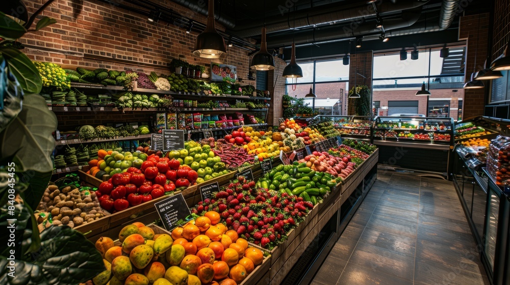A wide-angle photo capturing a vibrant display of fresh fruits and vegetables in a modern grocery store