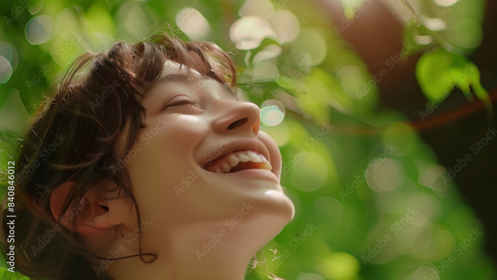 Radiant Woman Laughing Among Green Leaves Under Sunlight - Pure Joy and Tranquility in Nature 🌿✨ Radiant Woman Laughing Among Green Leaves Under Sunlight - Pure Joy and Tranquility in Nature 🌿✨