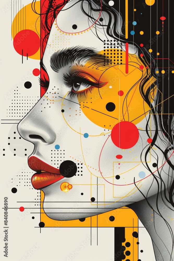 Obraz premium Abstract Woman Portrait With Geometric Patterns and Vibrant Colors