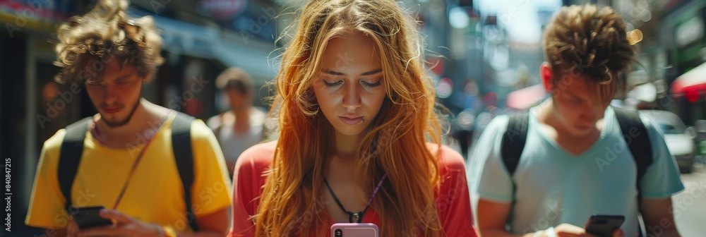Urban dwellers walking and using smartphones on a lively city street Urban dwellers walking and using smartphones on a lively city street