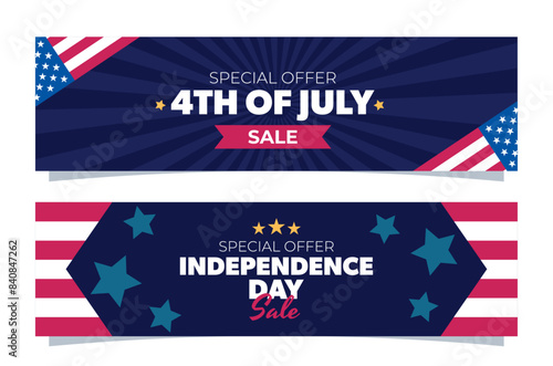 4th of July set of sale banners. American flag, stars and stripes. Isolated vector templates with text.