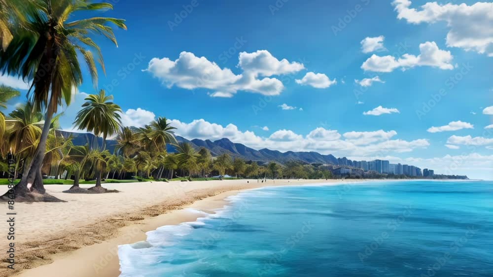 View of the beach with blue water and palm trees taken from a coast for Hello Summer. View of the beach with blue water and palm trees taken from a coast for Hello Summer.