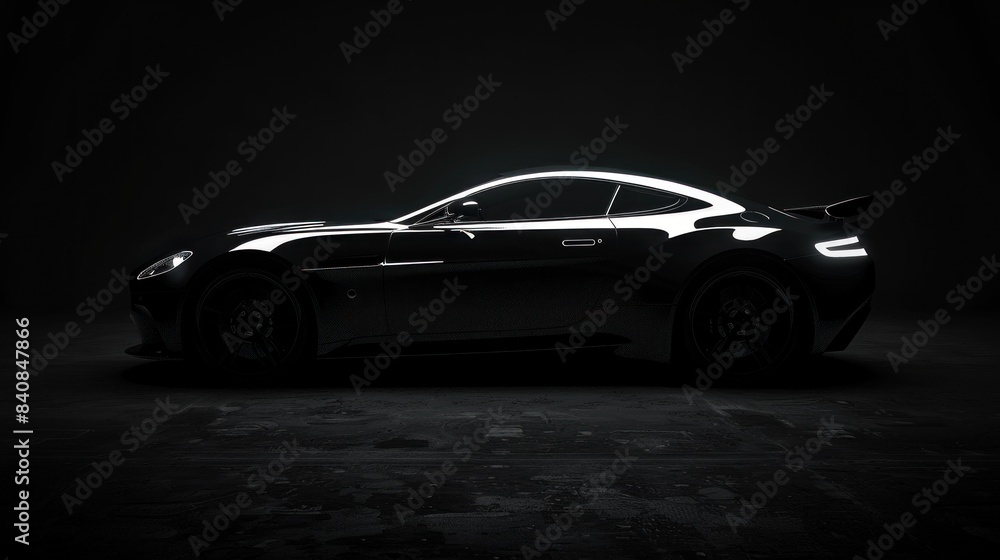 A black car is shown in a dark room A black car is shown in a dark room