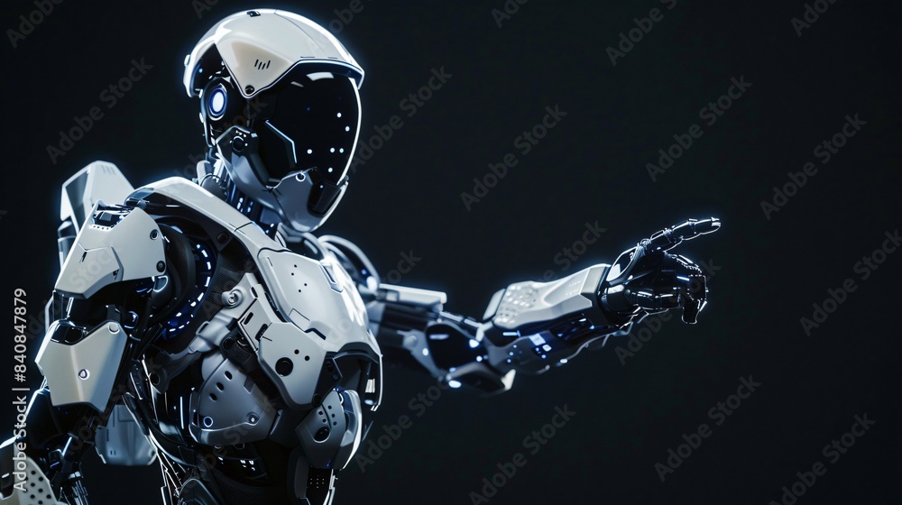 Close up of a android robot with left hand raised up standing against dark background, pointing to right side, high technology concept Close up of a android robot with left hand raised up standing against dark background, pointing to right side, high technology concept