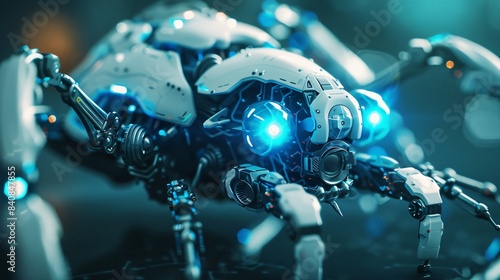 Close up of a futuristic robot on dark background. High technology concept