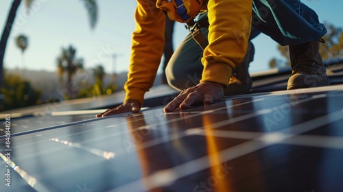 Close up shot of technician installing solar panels on a house roof. Solar energy concept photo