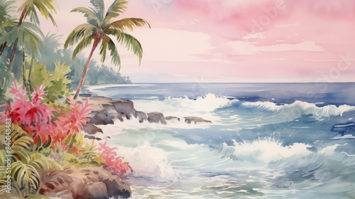 Tropical beach watercolor at sunset landscape, pastel colors