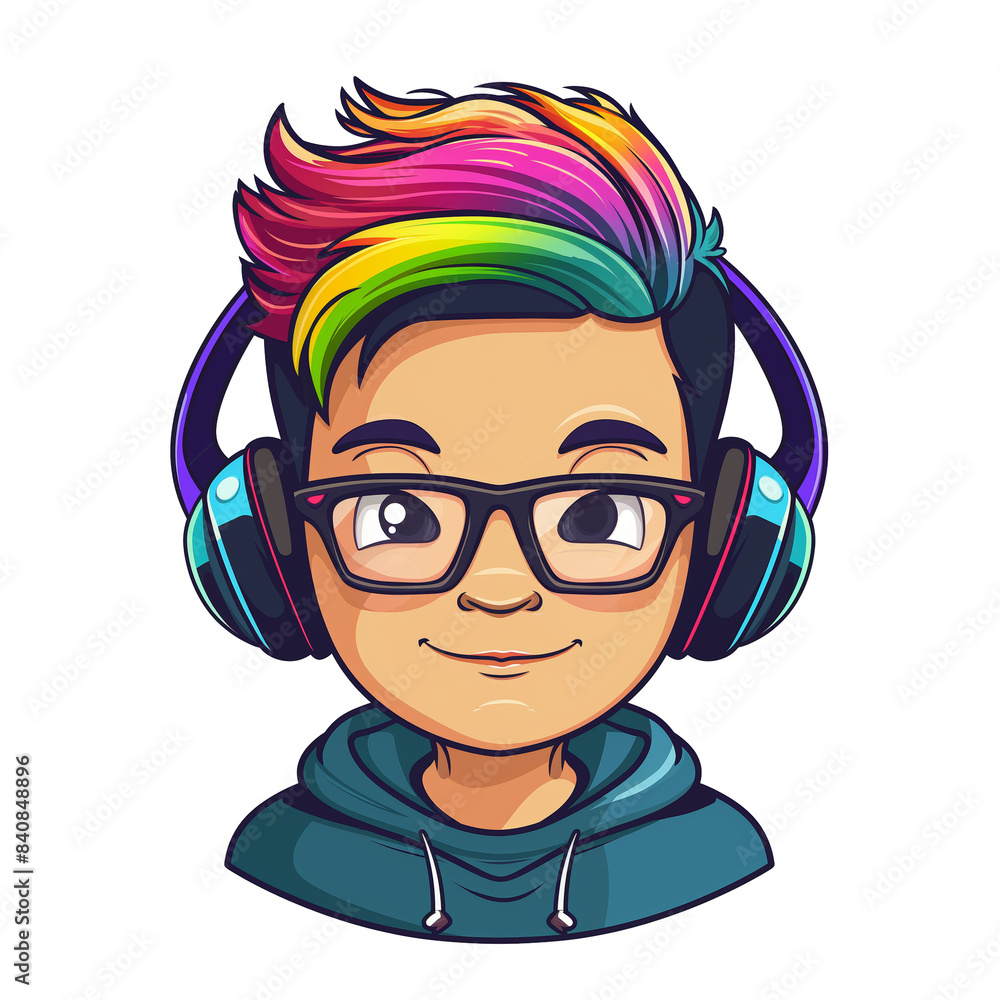 young asian man with rainbow hair wearing glasses and headphones. png . clip art . vector cartoon art style . remove background young asian man with rainbow hair wearing glasses and headphones. png . clip art . vector cartoon art style . remove background
