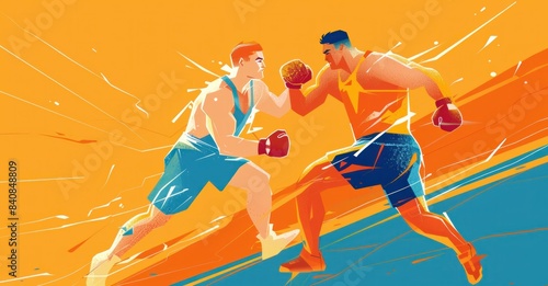 Intense boxing match with vibrant colors and dynamic movements on abstract orange and blue background