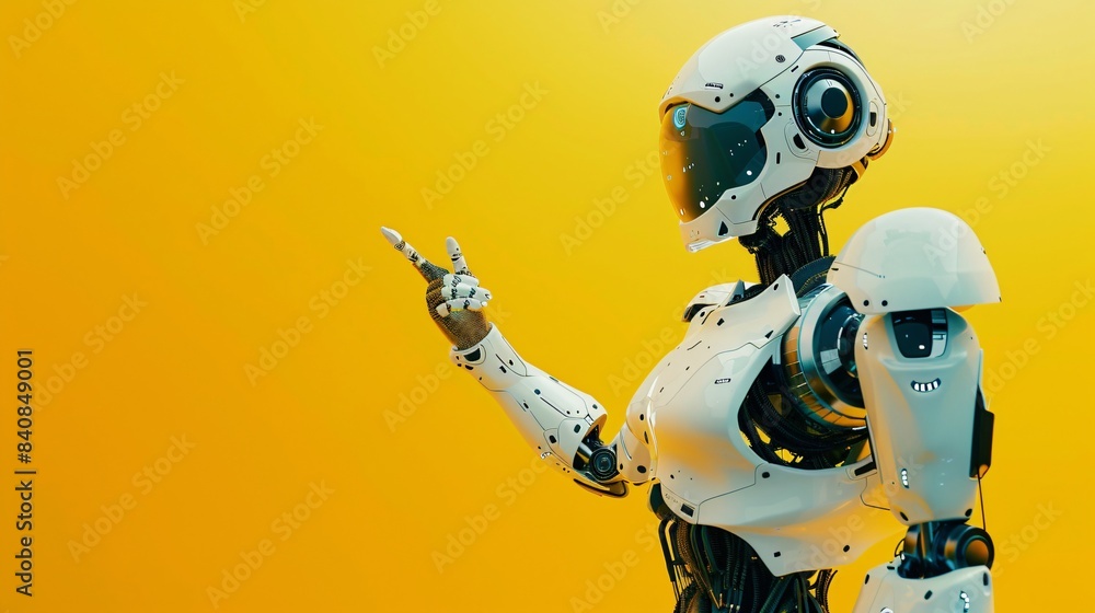 Close up shot of an android robot with left hand raised up standing against yellow background, pointing to left side. High technology concept Close up shot of an android robot with left hand raised up standing against yellow background, pointing to left side. High technology concept