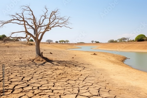 A solitary tree stands in a cracked, dry landscape near a winding river, evoking themes of climate change and resilience. Lone Tree in Arid African Landscape photo