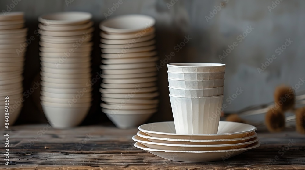 A set of disposable eco-friendly tableware, including plates and cups made from natural materials, laid on a wooden surface with a gray background. A set of disposable eco-friendly tableware, including plates and cups made from natural materials, laid on a wooden surface with a gray background.