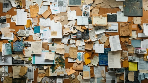 A bulletin board overwhelmed with various papers showcasing information and announcements with copyspace on right side of compostition © Ilia Nesolenyi