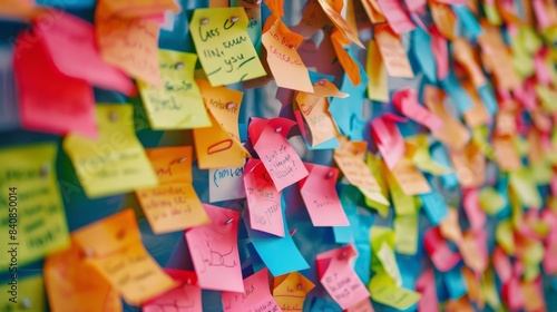 A close-up photograph captures a bulletin board covered in brightly colored post-it notes with various handwritten messages