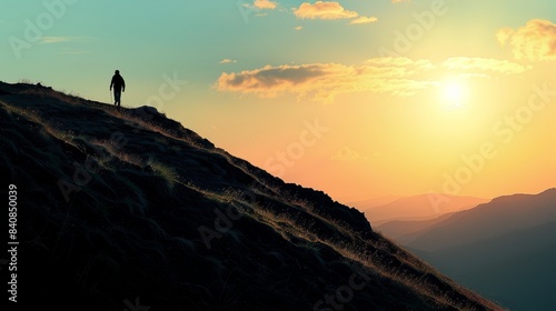 A single hiker ascends a steep mountain trail against a backdrop of a vibrant sunrise. The silhouette of the hiker is captured from a distance, emphasizing the vastness of the landscape