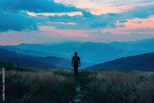 A lone hiker treks through mountainous terrain at sunset  with layers of hills stretching into the distance.