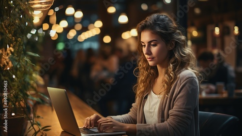 photo of woman doing assignments with laptop in restaurant isolated photo