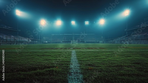 Empty Football Stadium Field At Night With Lights On