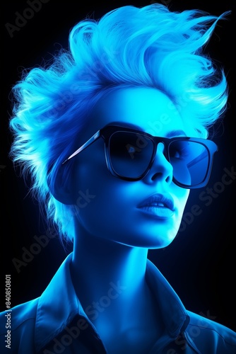 Illustrative portrait of a woman with bright blue lighting  styled hair  and oversized black sunglasses. 