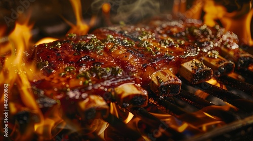 A closeup shot of pork belly ribs sizzling on a fiery barbecue grill, showcasing the intense heat and flavorful glaze photo