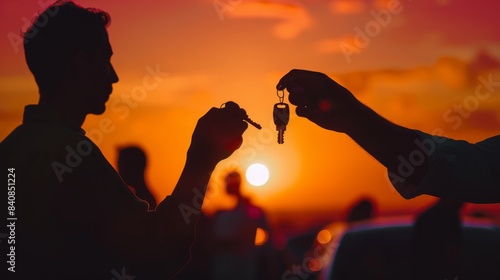 A silhouette photo of a person handing their car keys to a designated driver at a social gathering, captured against a vibrant sunset sky photo