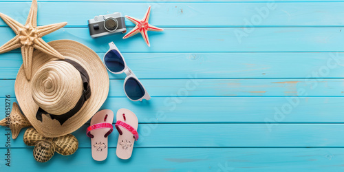 A summer flat lay scene on a blue wooden background with sunglasses, a straw hat, tropical leaves, starfish, a pink flower, and wooden sandals, evoking beach vacation vibes