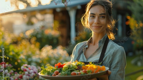 Woman Holding a Plate of Fresh Produce in a Garden at Sunset