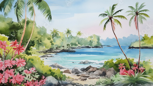Watercolor tropical beach scene with palm trees