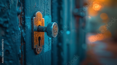 Closeup Of A Brass Door Knob On A Teal Wooden Door © olegganko