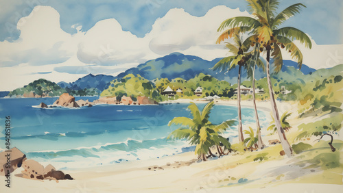 Watercolor painting of a tropical beach scene with palm trees  blue water  and a sandy shore