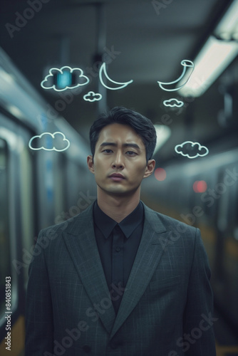 Korean man in a sharp suit, standing alone in front of a subway train background, with a tired expression.  photo