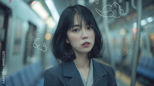 Korean girl in a sharp suit, standing alone in front of a subway train background, with a tired expression photo