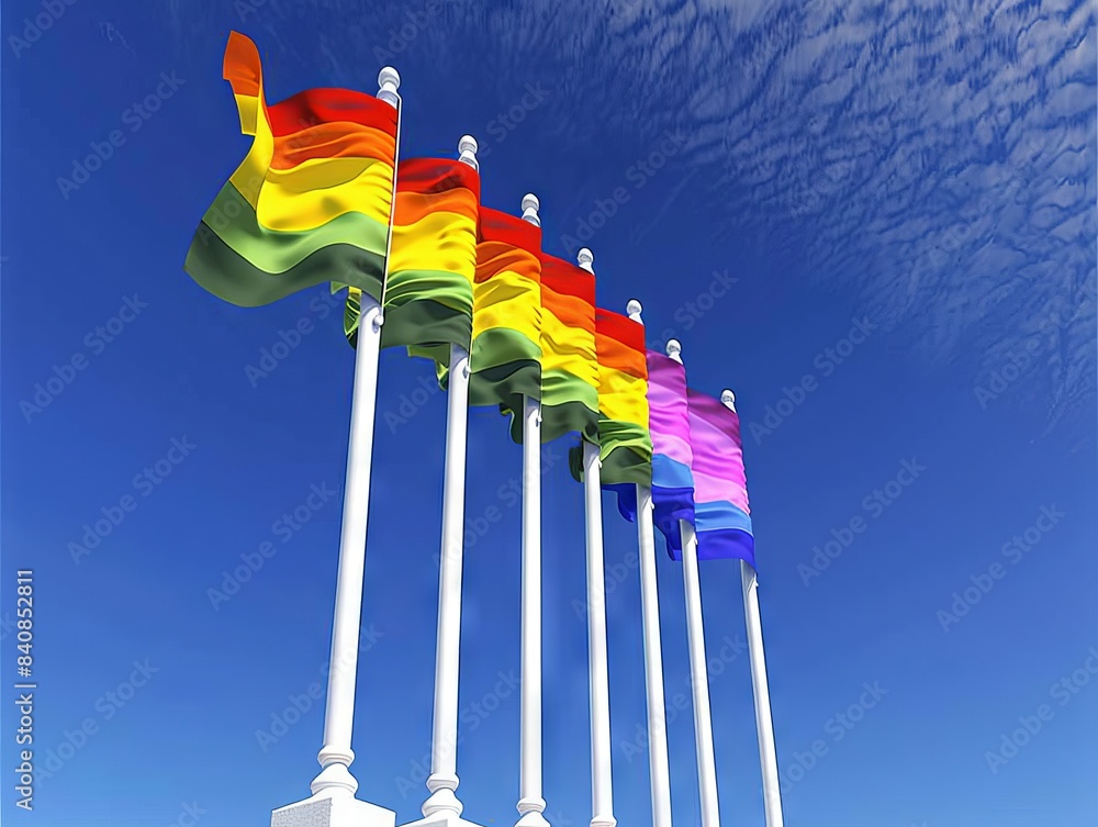 The rainbow flag flutters in the wind against a clear blue sky, a ...