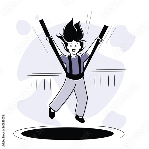 Cheerful girl jumping on a trampoline in an amusement park. Family leisure and entertainment vector illustration