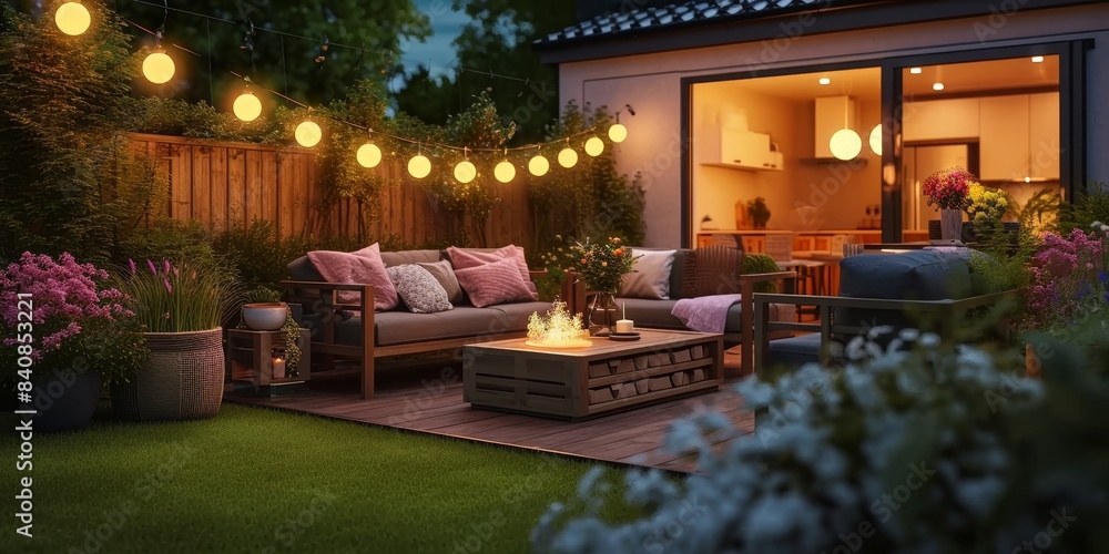 Summer evening in cozy modern residential backyard with outdoor lights, plants, and garden furniture at lounge and dining area, Generative AI Summer evening in cozy modern residential backyard with outdoor lights, plants, and garden furniture at lounge and dining area, Generative AI