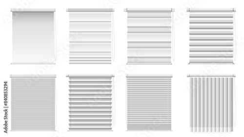 Realistic window blinds and shades. Window coverings set of roller, Venetian and vertical blinds, Roman and pleated shades isolated vector illustration.