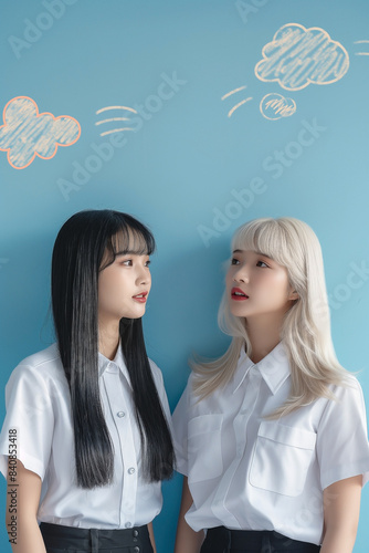 2 Thai girls in sharp white shirts with short sleeves and short collars. standing together and talking with each other with expressions of friendship and happy confidence 