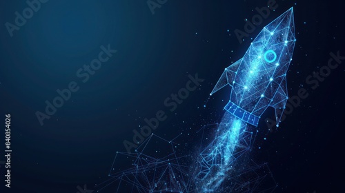 Business achievement to success concept with rocket launch low poly wireframe on blue background