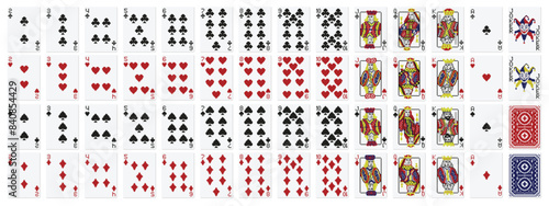 Pixel art playing cards. Standard 52 playing cards deck with pixelated clubs, diamonds, hearts and spades. Illustrated face cards Jack, Queen, King and Joker vector set.