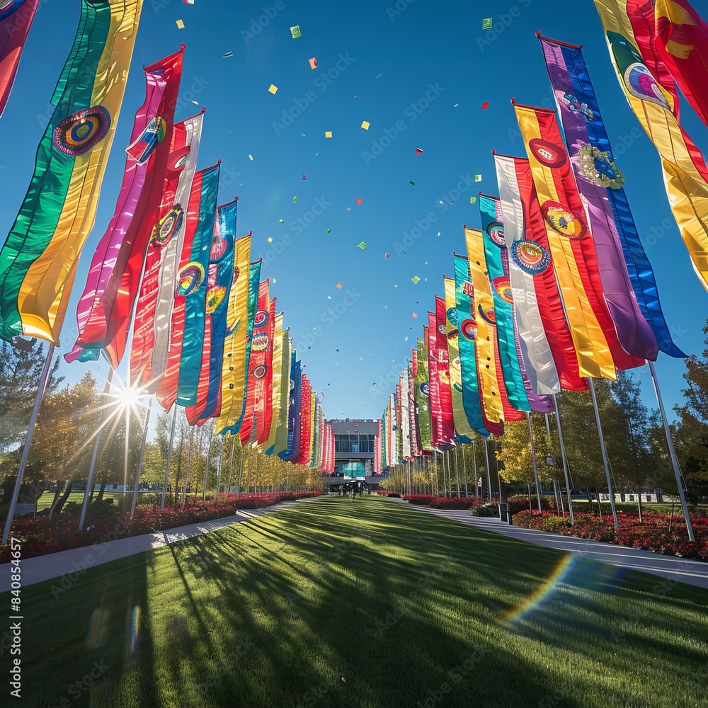 The rainbow flag flutters in the wind against a clear blue sky, a ...
