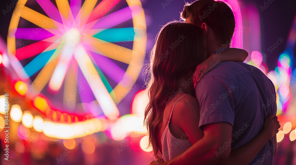 Couple hugging in front of a Ferris wheel at a fair, colorful lights and motion blur, right third copy space Couple hugging in front of a Ferris wheel at a fair, colorful lights and motion blur, right third copy space