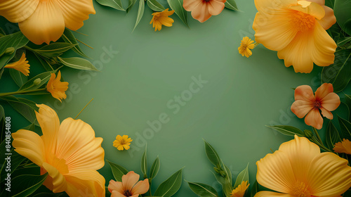 Wallpaper, background of yellow flowers on yellow-green background, free space for text in the middle.