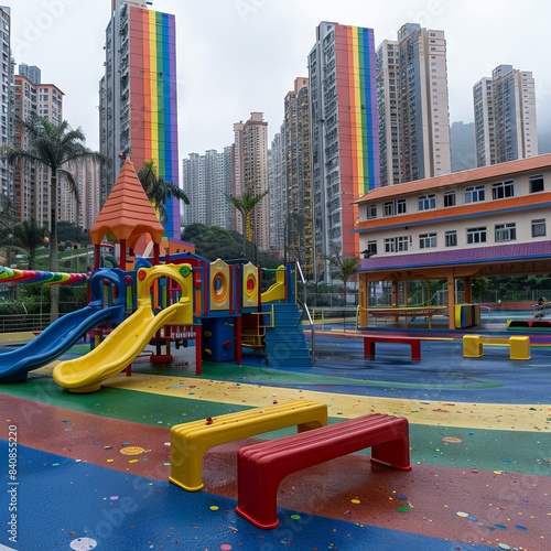 A colorful playground in a city courtyard against the backdrop of tall residential buildings with rainbow stripes. The playground is equipped with slides, swings and benches © Neuro architect