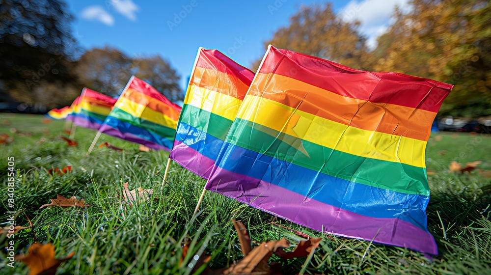 The rainbow flag flutters in the wind against a clear blue sky, a ...