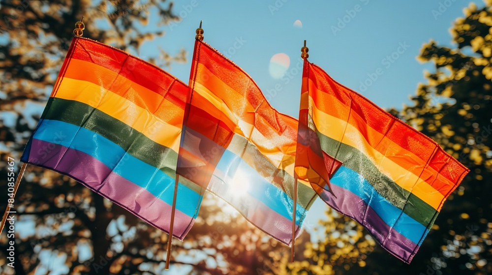 The rainbow flag flutters in the wind against a clear blue sky, a ...