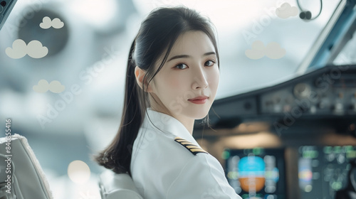 Asian woman in a white pilot uniformsitting alone in front of an airplane cockpit photo
