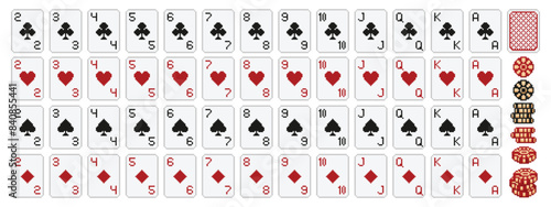 Pixel art poker. Pixelated 8 bit playing cards deck icons with clubs, diamonds, hearts and spades suits symbols and poker chips in retro video game style vector set.