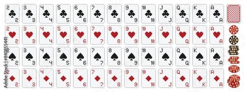 Pixel art poker. Pixelated 8 bit playing cards deck icons with clubs, diamonds, hearts and spades suits symbols and poker chips in retro video game style vector set.