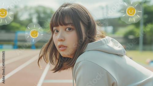 Thai chubby woman in sportwear,standing alone on a running track, bent over and exhausted from running for a while photo